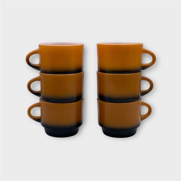 Vintage 60s Fire King Orange and Black Ombré Milk Glass Stackable Mugs set of 6 - Picture 2 of 15
